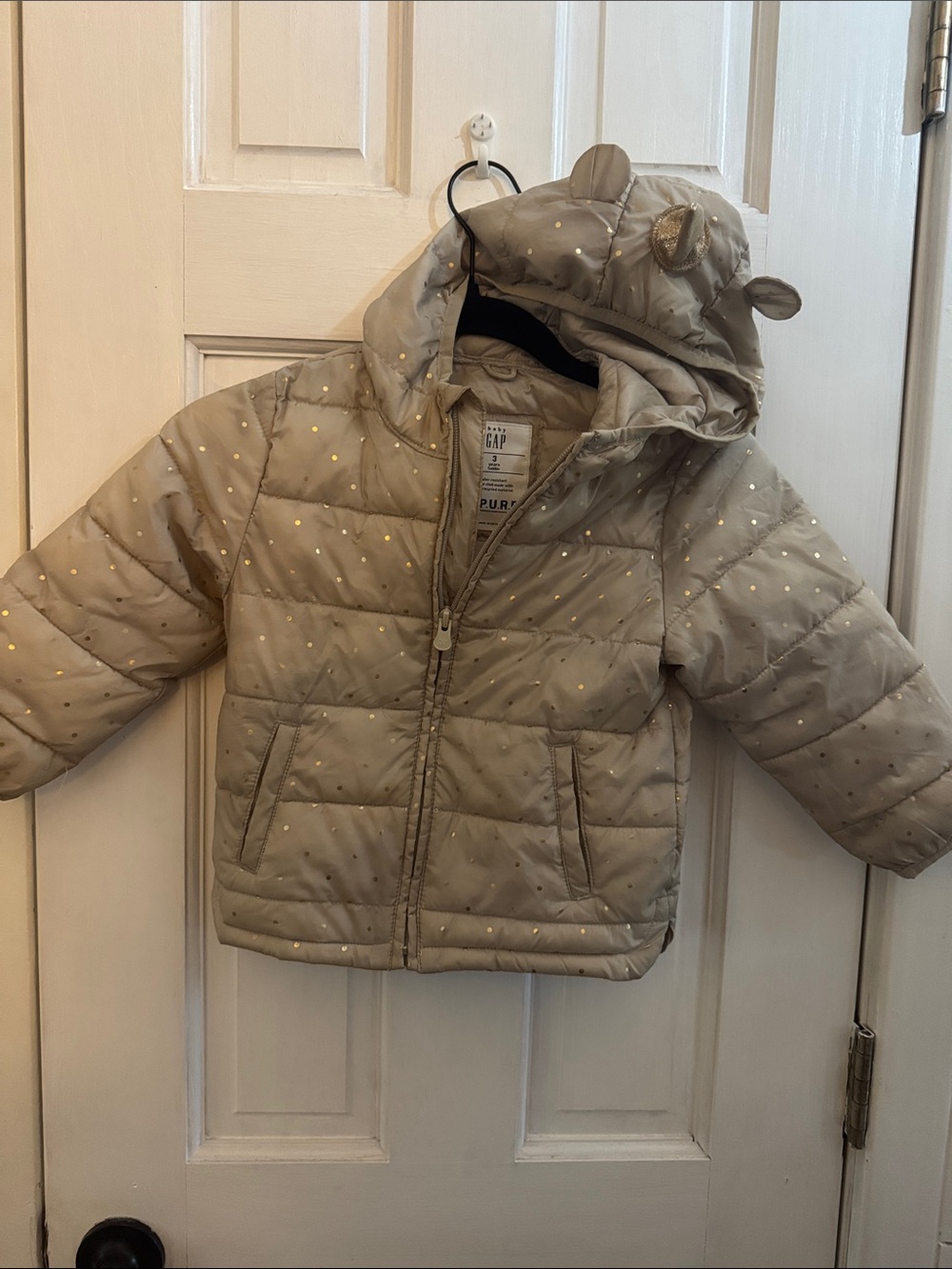 GAP Kids Light Taupe Puffer Jacket with Gold Dot Accents